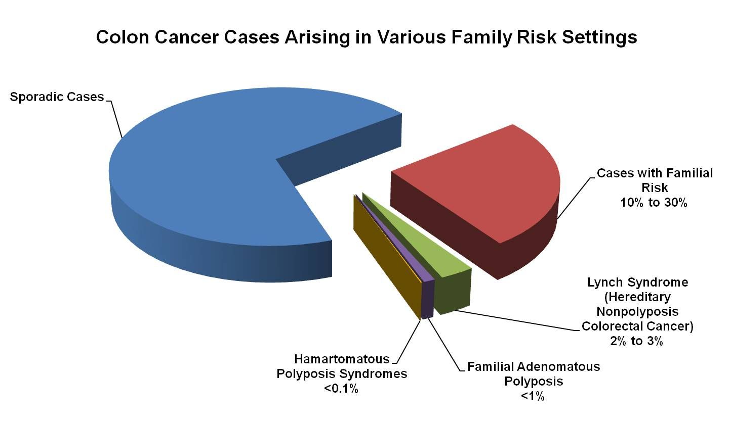 さまざまな家系リスクの設定で生じる結腸がん症例の割合を示す円グラフ。この設定で診断される結腸がん症例の大多数は散発性である。残りのがん症例は、次の通りである：家族性リスクがある症例（10～30％）；リンチ症候群（遺伝性非ポリポーシス大腸がん）（2～3％）；家族性大腸腺腫症（1％未満）；および過誤腫性ポリポーシス症候群（0.1％未満）。