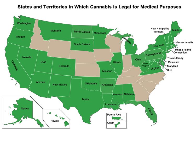 A map showing the U.S. states and territories that have approved the medical use of Cannabis.