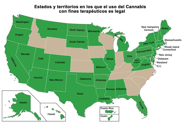 Mapa que muestra los estados y territorios en los Estados Unidos que han aprobado el uso terapéutico del Cannabis.