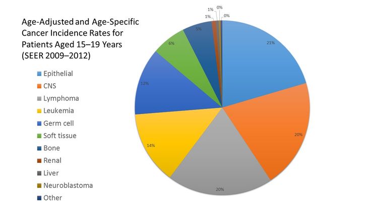 Pie chart showing age-adjusted and age-specific cancer incidence rates for patients aged 15-19 years (SEER 2009-2012).