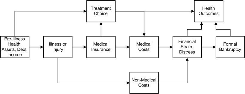 Flow chart showing the conceptual framework relating severe illness, treatment choice, and health and financial outcomes.
