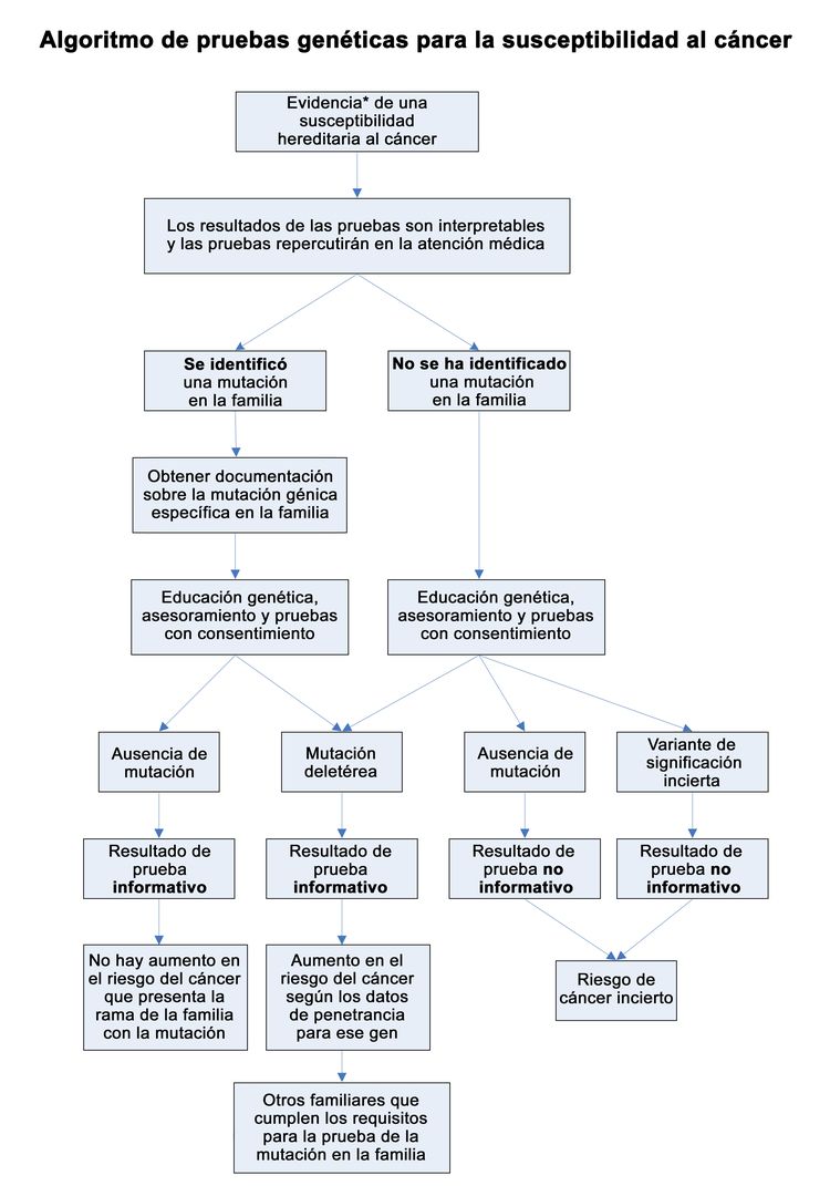 Diagrama de flujo que muestra un algoritmo de varios pasos de las pruebas genéticas para la susceptibilidad al cáncer.