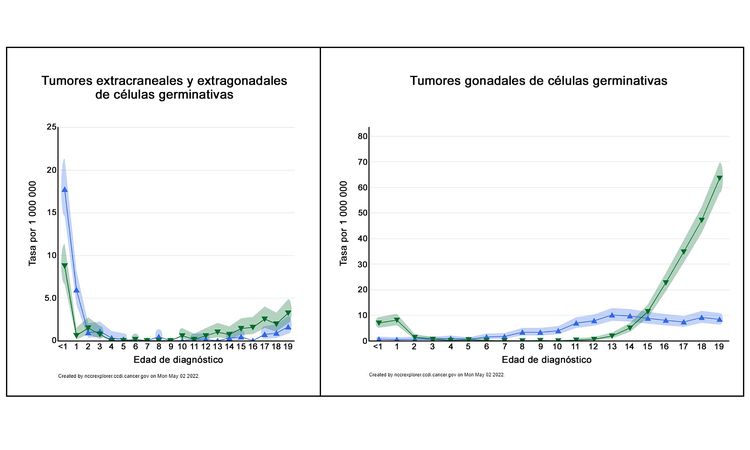 En la imagen se observan dos gráficos con los perfiles de incidencia por edad de los tumores extracraneales y extragonadales de células germinativas (gráfico de la izquierda) y de los tumores gonadales de células germinativas (gráfico de la derecha). Los hombres se representan con triángulos azules y las mujeres con triángulos verdes.