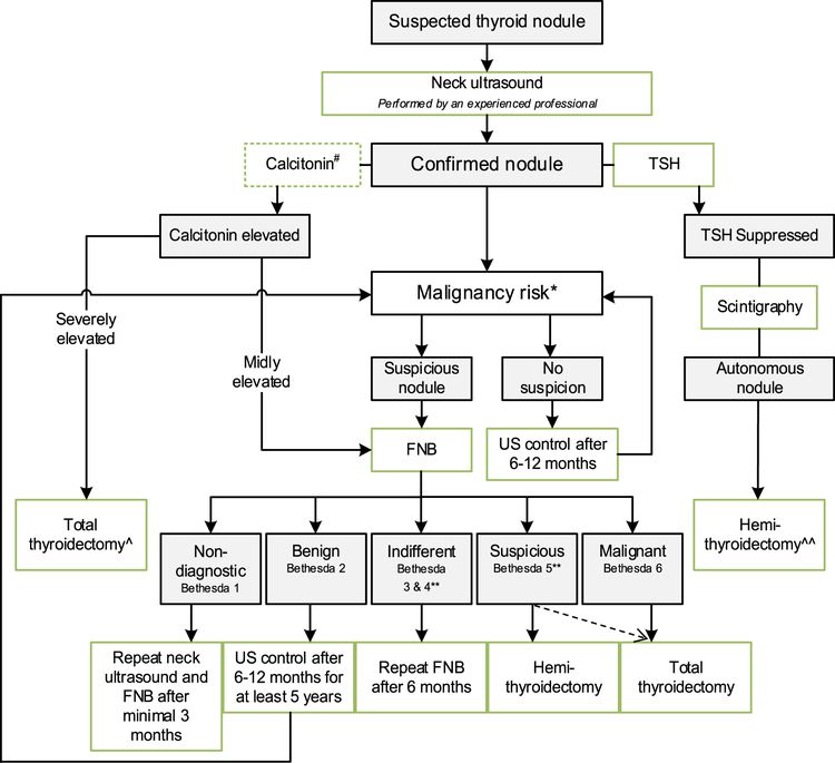 Flowchart showing the initial evaluation, treatment, and follow-up of pediatric thyroid nodules.